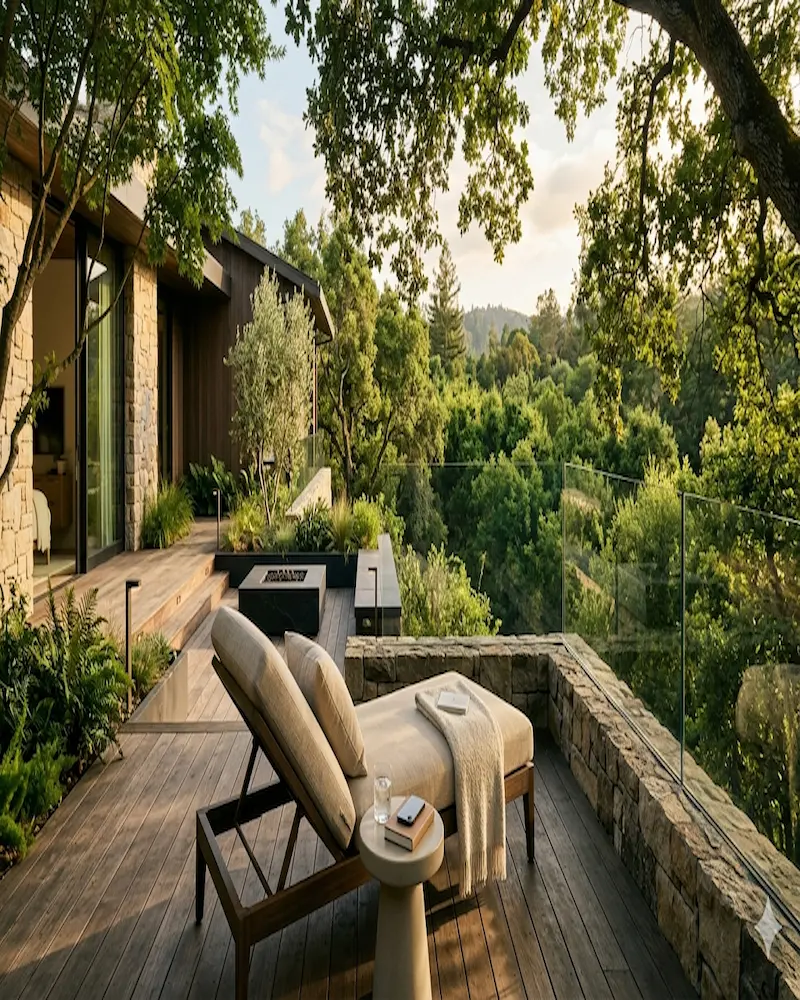 Private outdoor sun deck and lounge overlooking the forest canopy at Avacasa Sovereign Estates