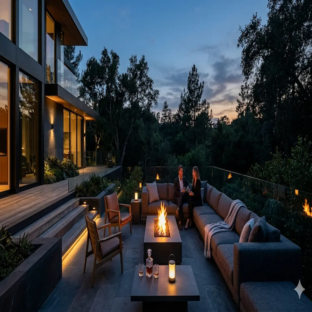 Luxury outdoor lounge and firepit at dusk for private evening hosting at Avacasa Sovereign Estates